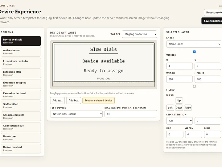 Slow Dials device experience editor for guest-facing e-paper screens
