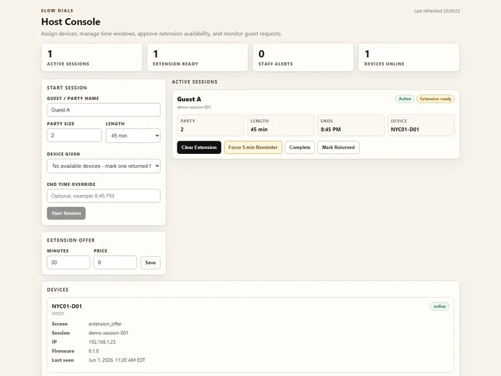 Slow Dials host console showing timed sessions, devices, and extension controls